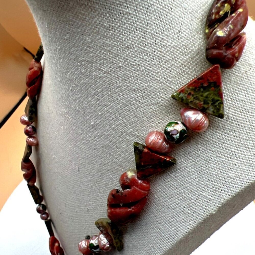Handcrafted Unakite Pink Opal Pink Pearls & Cloisonné Beads Necklace. B50 - Picture 14 of 16